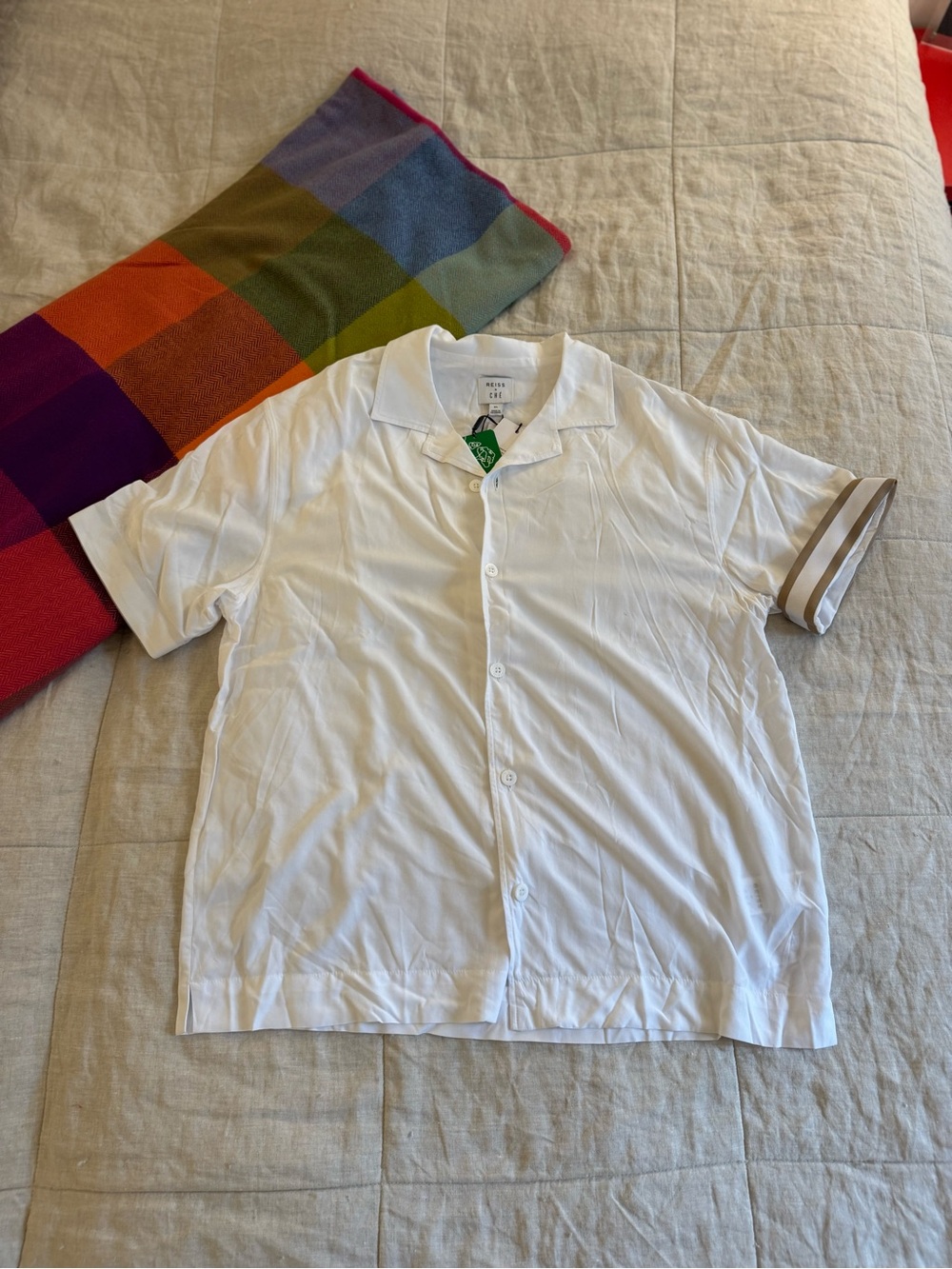 Reiss White Short-Sleeve Casual Button Down Shirt with Tan Stripe Cuffs